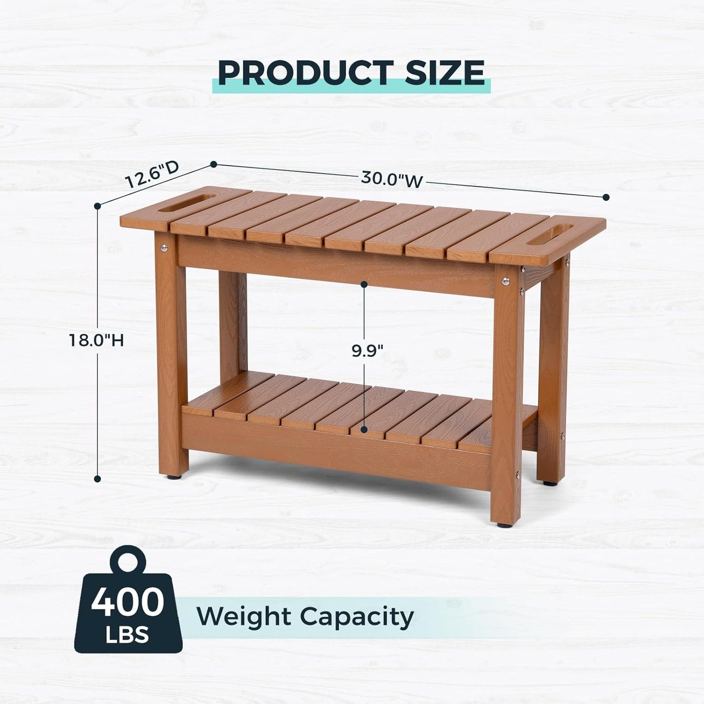 30" Shower Bench, Waterproof Poly Lumber Shower Stool for Shaving Legs, Shower Chair Seat Holds up to 400lbs, Bathroom Bench for Inside Shower, Non-Slip (Brown)