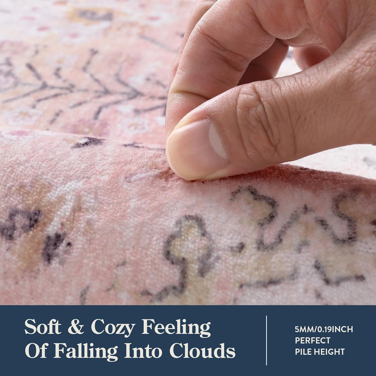 Lahome Pink Boho Area Rug for Nursery, 5x7 Washable Pink Rugs for Bedroom Girls Kids Room Living Room, Floral Pastel Carpet Non Slip for Classroom Playroom Dorm