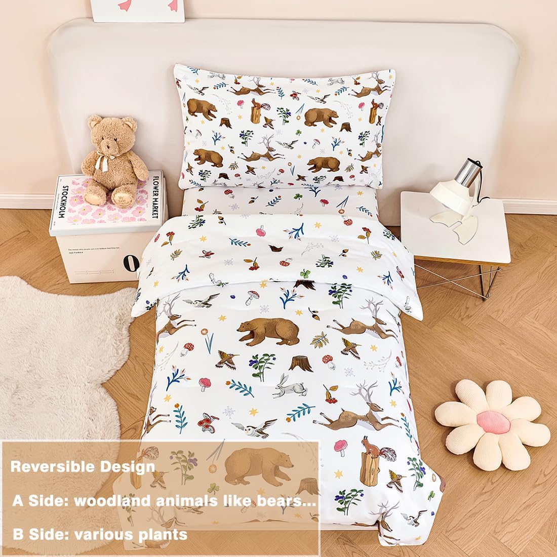 PERFEMET 4-Piece Toddler Bedding Set-Reversible Woodland Animal Toddler Bed Sets for Boys Girls-Soft Lightweight Cartoon Bear Deer Print Toddler Bed Comforter with Sheets for All Season