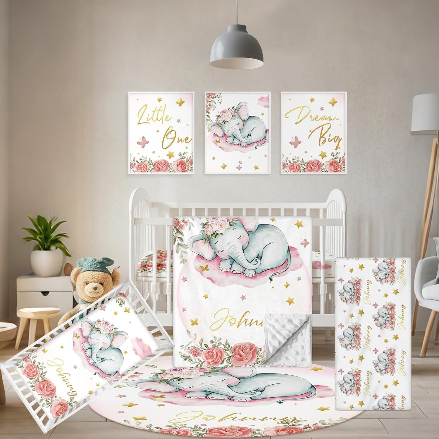 Custom Baby Crib Bedding Set, 5 Pcs Personalized Name Baby Crib Sets for Infant Toddler, Floral Elephant Nursery Bedding Set for Baby Girls, Double Layer Baby Bedding Sets Customized Gifts