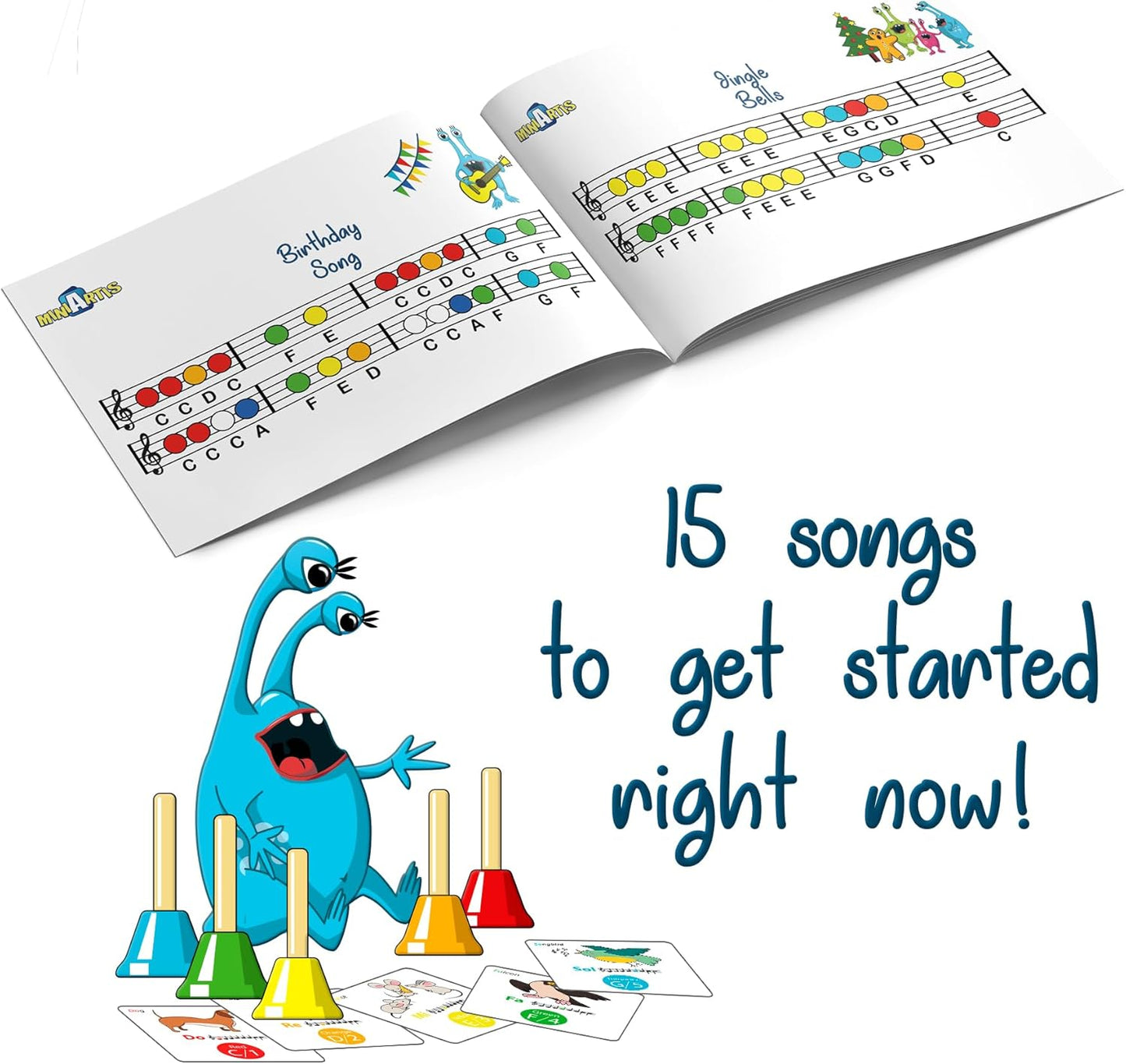 MINIARTIS Hand Bells for Kids | Educational Music Toys for Toddlers 8 Notes Colorful Handbells Set | Kids Musical Instrument with 15 Songbook, Theory Flashcards | Great Birthday Gift for Children