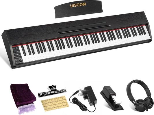 88 Key Digital Piano Keyboard for Beginners,Full Size Electric Piano Semi-Weighted Keyboard with Sheet Music Stand,Pedal,Headphone,Power Adapter,USB-MIDI Compatibility,Wood Grain Black