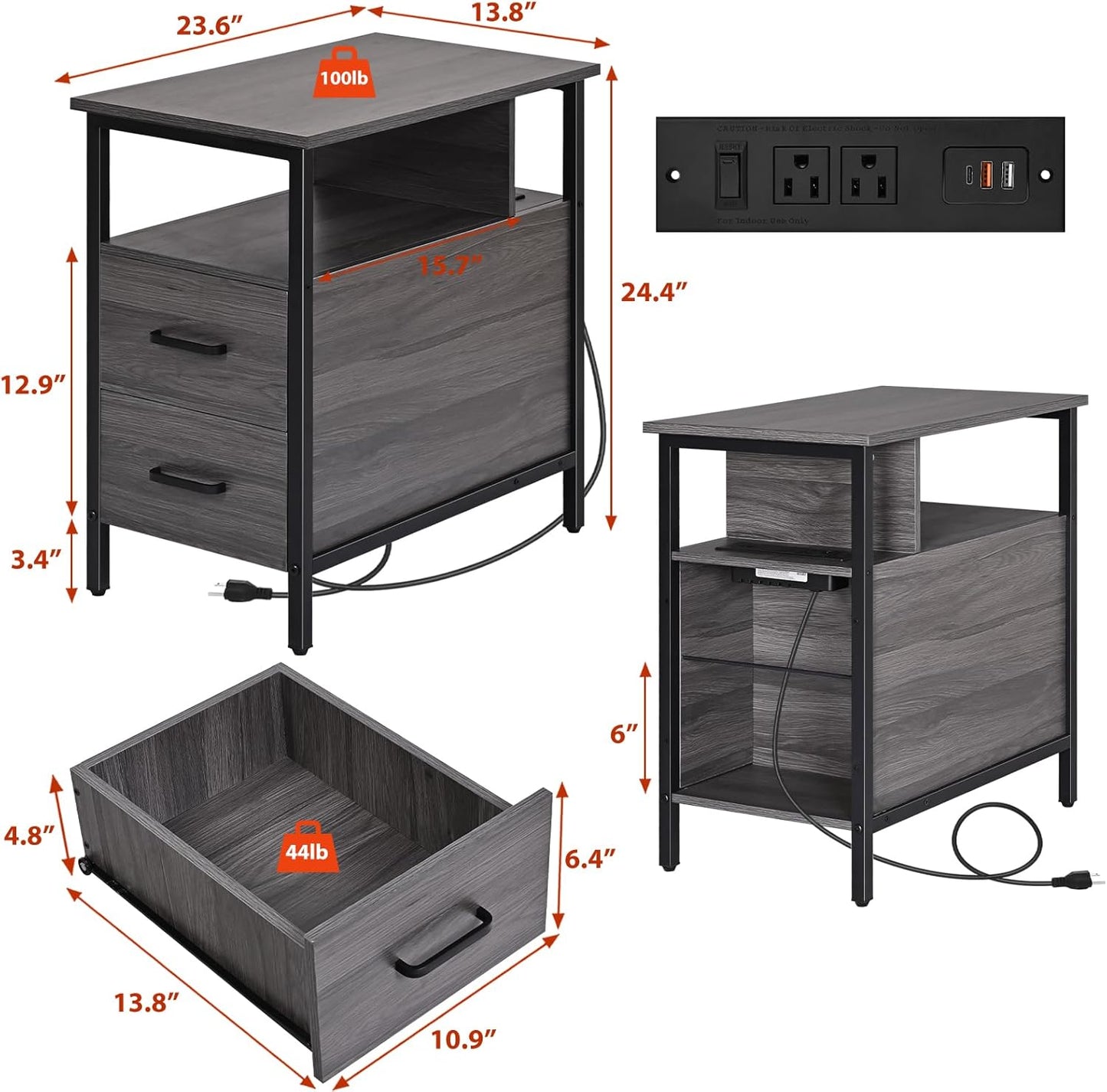 Side Table, End Tables with Charging Station, Narrow End Table with Wooden Drawers, USB Ports and Power Outlets, Nightstand and Bedside Table, End Table Living Room, Bedroom, Dark Grey