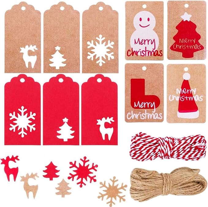 100 Pack Kraft Paper Christmas Gift Tags， Xmas Kraft Gift Tags with Jute Twine Baker Twine for DIY Xmas Holiday Present Wrap Stamp and Label Package Name Card