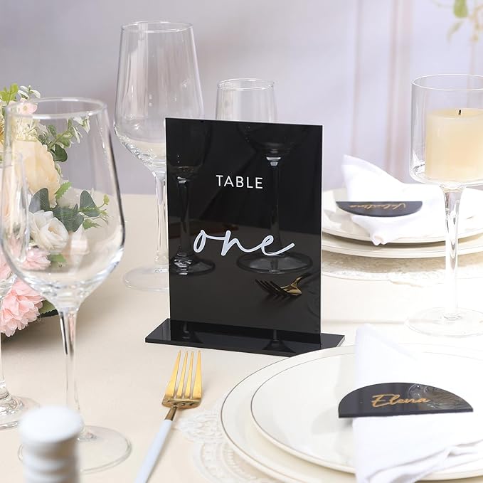 UNIQOOO Black Wedding Double Sided Table Numbers with Stands 1-20 set, 5x7'' Acrylic Signs with Holders and Printed Calligraphy, Seat Display Wedding Decor Perfect for Centerpiece, Reception