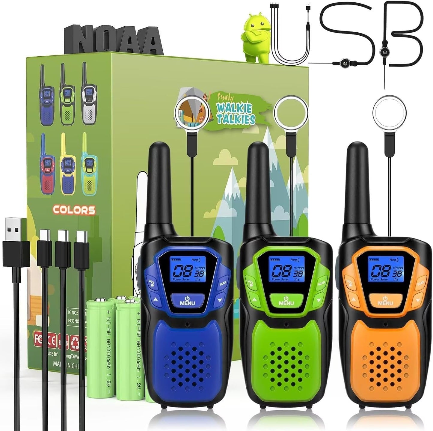 Walkie-Talkies for Kids Rechargeable Walkie Talkie for Adults Long Range FRS 2 Way Radio 3 Pack with Lanyard Battery 4 Miles NOAA USB, Family Toys for 3-12 Year Old Girls Boys Toddlers Camping