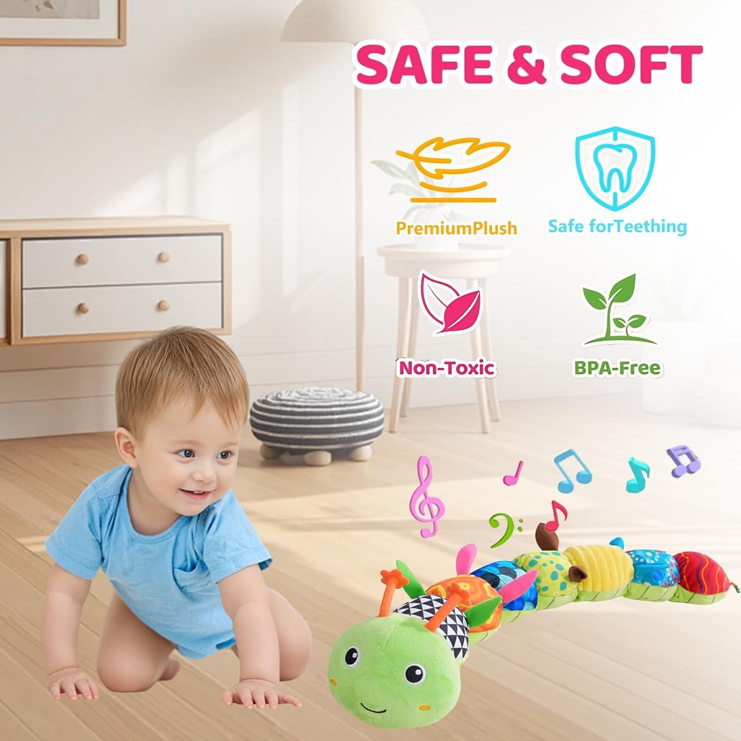 Baby Sensory Toys 0-12 Months, Plush Toys with Music and Rattle, Suitable for Newborn Baby Tummy time, can be Used as a Newborn Birthday, Holiday, Baptism Gift (Green Caterpillar)