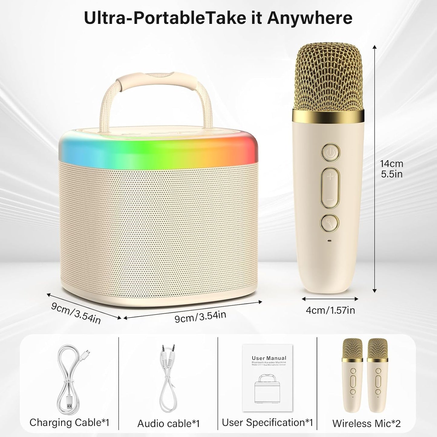 JYX Mini Karaoke Machine for Kids, Portable Bluetooth Karaoke Speaker Unpowered Cabinets with 2 Wireless Microphones and Party Lights for Adults, Birthday Gifts for Girls Boys Family Home Party(Beige)