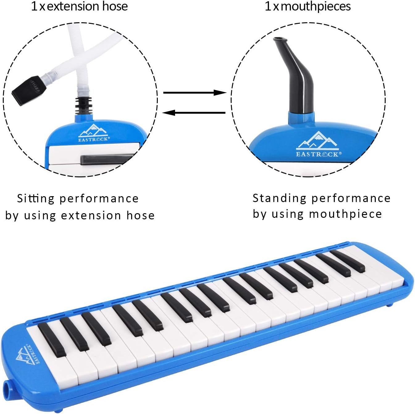 EastRock 37 Key Melodica Instrument Keyboard Soprano Piano Style with Mouthpiece Tube Sets and Carrying Bag for Beginners Adults Gift Blue