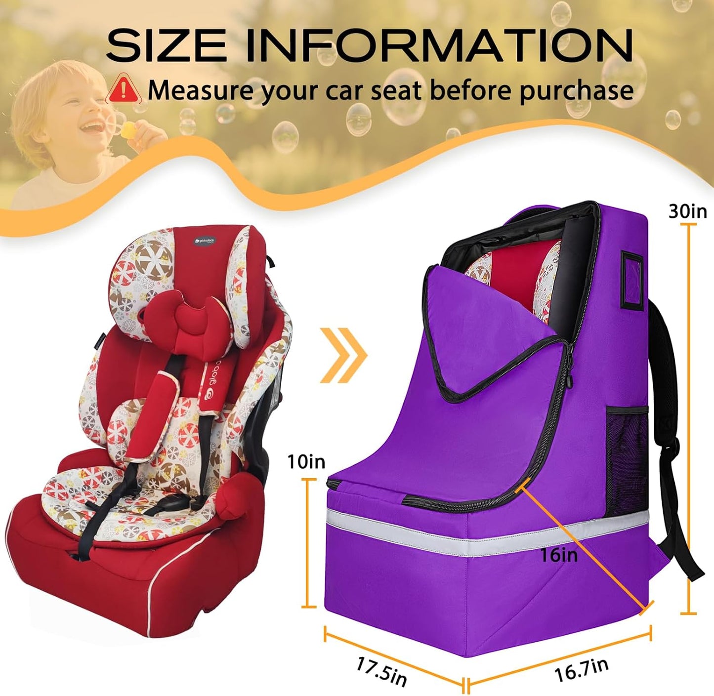 Car Seat Travel Bag for Airplane,Infant Seat Travel Bag with Shoulder Strap,Padded Car Seats Backpack with Reflective Stripes,Large Carseat Carrier Bag Travel Car Seat Cover,Purple
