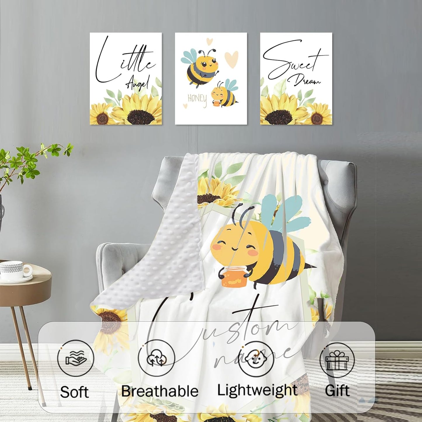 Personalized Baby Crib Bedding Set for Baby Girls, Yellow Bee Pattern Custom Name Baby Crib Sets 5-Pcs, Toddler Double Layer Blanket Fitted Sheets Changing Pad Cover Rug Wall Art Set