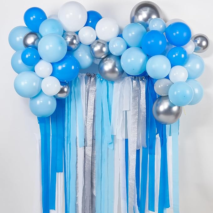 PartyWoo Blue Crepe Paper Streamers 4 Rolls 328 ft Pack of Dark Light Pastel Blue Crepe Paper for Baby Shower Gender Reveal Graduation Anniversary Birthday Party Decorations (1.8 Inch x 82 Ft/Roll)