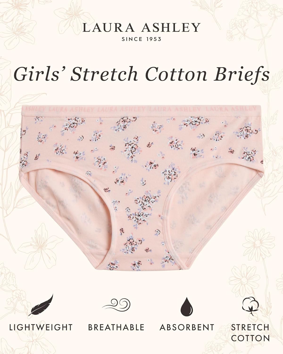 Laura Ashley Girls Underwear - 5 Pack Soft Stretch Breathable Panties for Girls - Lightweight Cotton Panties (Size: 4-12)