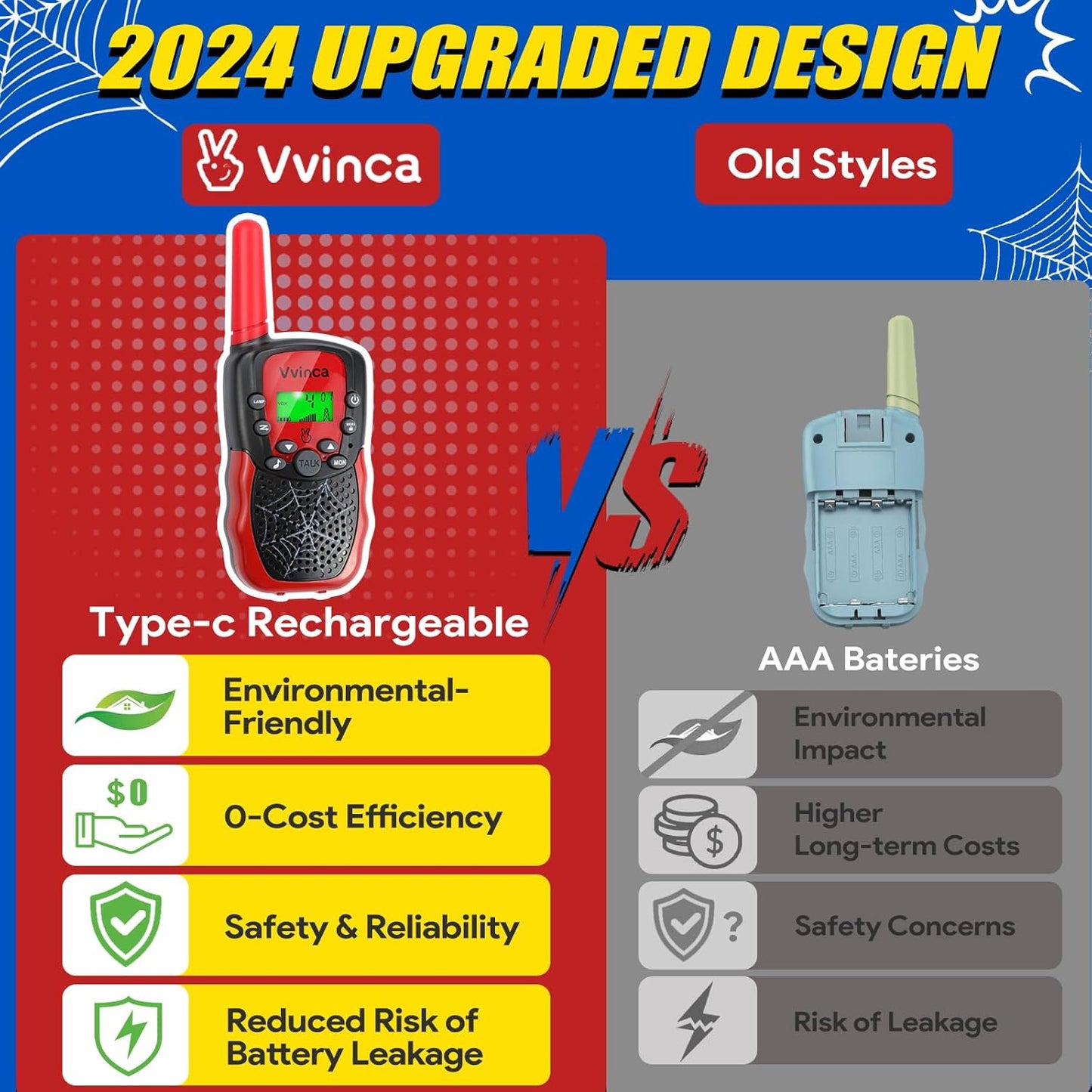 Vvinca Walkie Talkies for Kids Rechargeable, Spider Toys for Ages 3 4 5 6 7 8 9 10 Boys Girls Christmas Birthday Gifts for 3-12 Year Old, 2 Way Radio 22 CH VOX Long Range Walkie Talkie with Flashlight