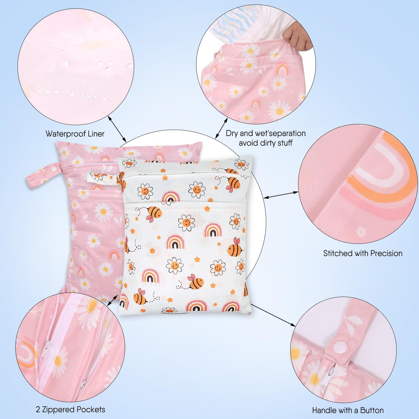 2pcs Travel Waterproof Laundry Bag, Cloth Diaper Wet Dry Bags with Handle & 2 Zipper Pockets, Reusable Washable Dirty Clothes Bag for Baby Adult Travelling Hanging, Bathing Beach Pool Daycare