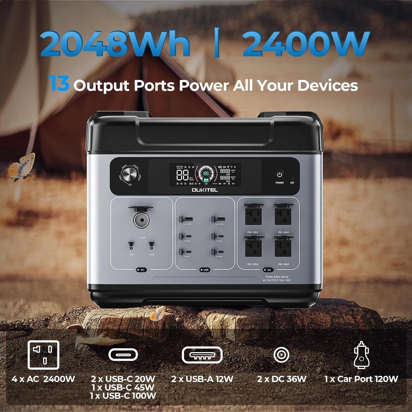 OUKITEL Portable Power Station 2048Wh, 2400W (5000W Surge), Pure Sine Wave AC Outlet, LiFePO4 Battery for Home Backup, Outdoors Camping