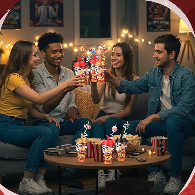 Yungyan 24 Sets Movie Night Party Favors Goodie Cups with Lids and Straws for Halloween Party Decorations Reusable 16oz Plastic Candy Cups Plastic Straws for Birthday Gift(Movie Night)