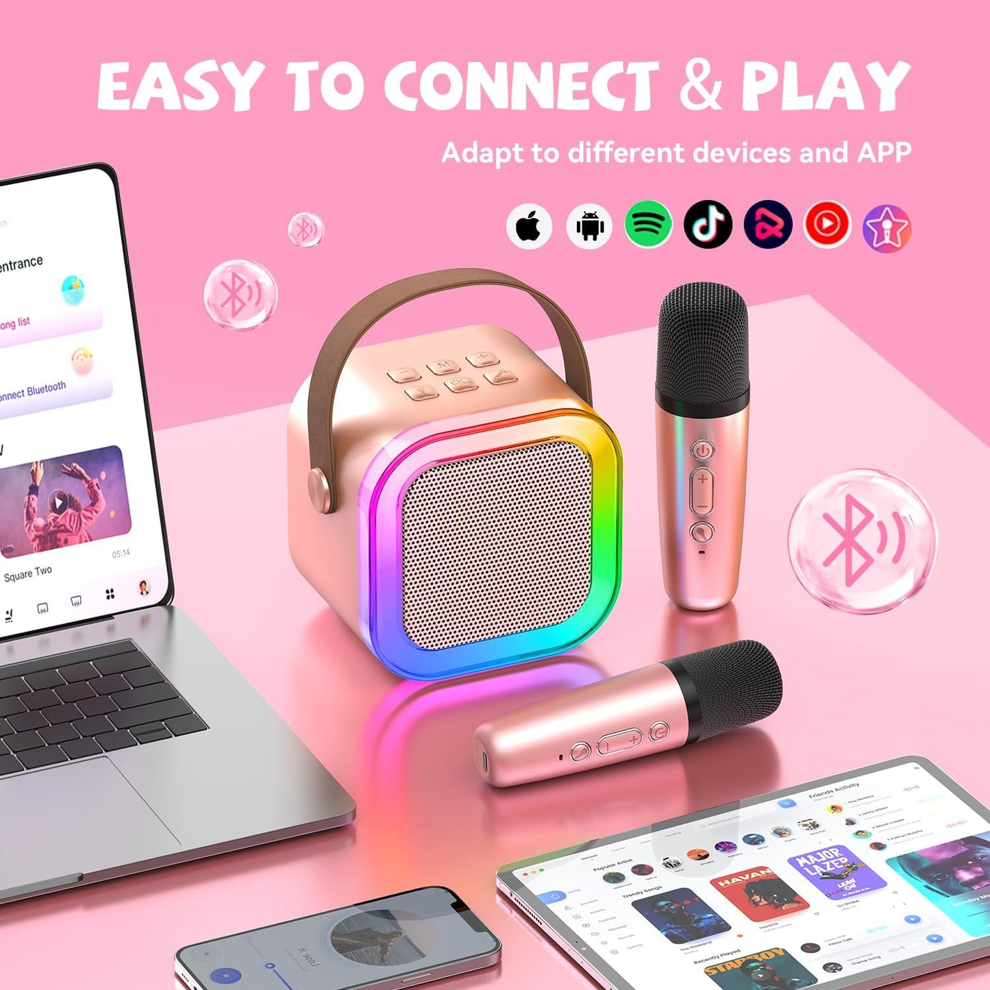【2025 Newest】 Mini Karaoke Machine for Kids Girls & Boys - Portable Bluetooth Speaker with 2 Wireless Microphones - Kids Birthday Gifts for Ages 4-10 - Kids' Instrument Accessories - Rose Gold