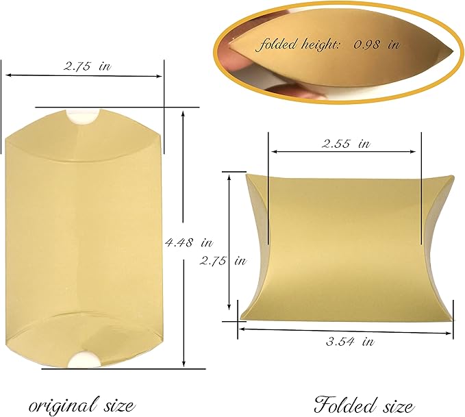 Aokbean 100 Pack Mini Pillow Candy Box Small Gift Boxes with 50 Yards Ribbon for Christmas Wedding Party Favor Gift, Jewelry or Soap Packaging (Gold)