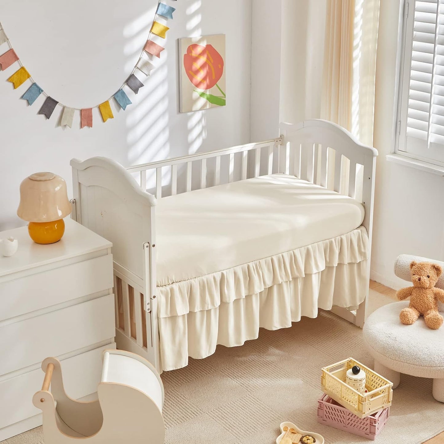 Mini Crib Bedding Set 3 Pieces Baby Boho Quilted Tufted Ruffles Comforter with Fitted Sheet and Ruffled Bed Skirt - Cute Shabby Baby Bedding Fits Mini Crib Only Cream White