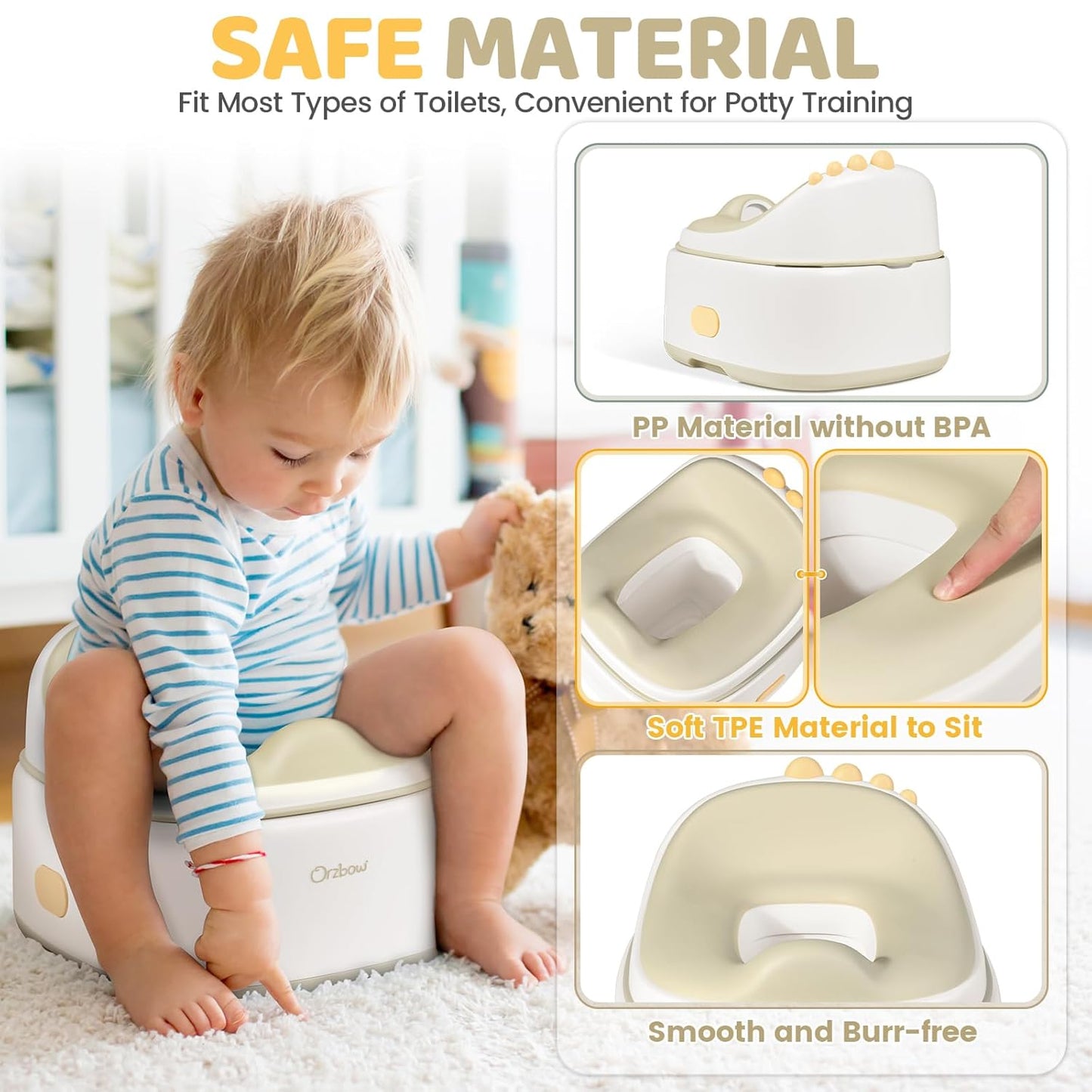 Orzbow 3-in-1 Potty Training Toilet, Detachable Baby Potty, As Toddler Toilet Seat, Chair, Step Stool for Boys & Girls 18+ Months, Potty Training Seat with Splash Guard, Easy Clean, Khaki