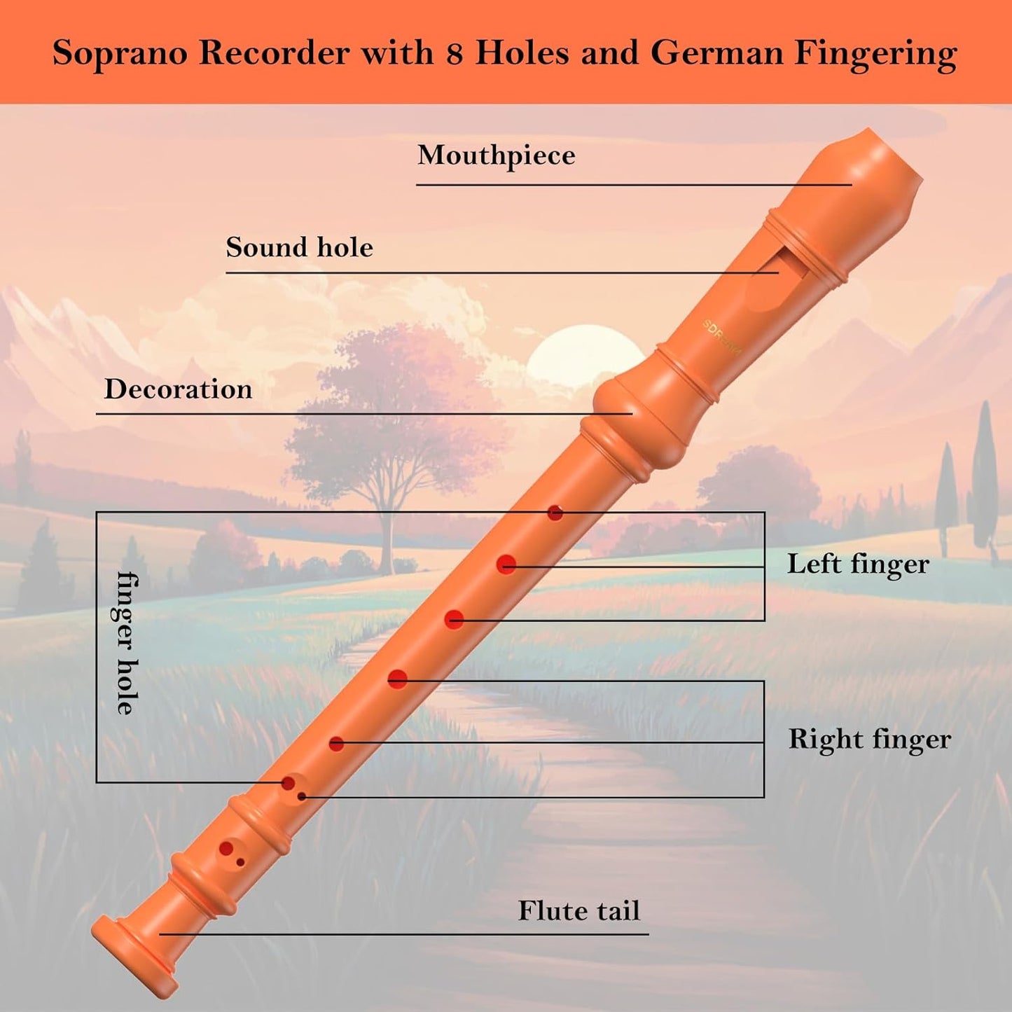 SDREAM Soprano Recorder Instrument for Kids and Adults - Beginner 8 Hole German Fingering Recorder Flute With Cleaning Rod, Packing Bag and Sheet Music (Orange)