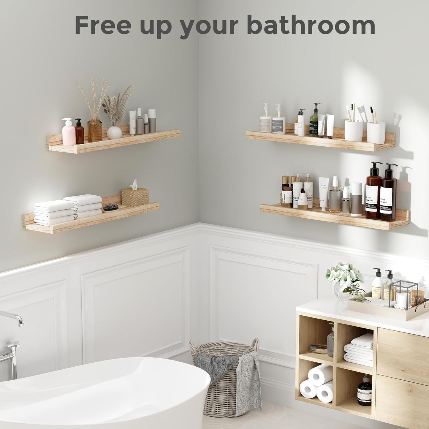 Fun Memories Picture Ledge Shelves 24 Inches Long, Rustic Wooden Floating Shelves with Lip Set of 4, Nursery Book Shelf for Kids Room, Farmhouse Wall Shelf for Living Room, Bedroom