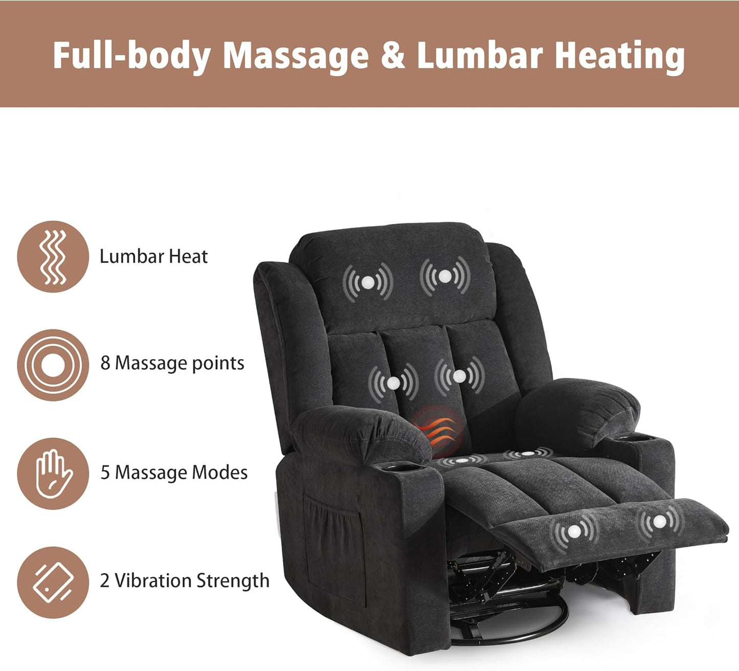 Rocker Swivel Recliner Chair for Adults, Overstuffed Large Manual Recliner Glider with Massage and Heat, Comfy Soft Fabric Living Room Reclining Sofa Chair (Black Fabric)