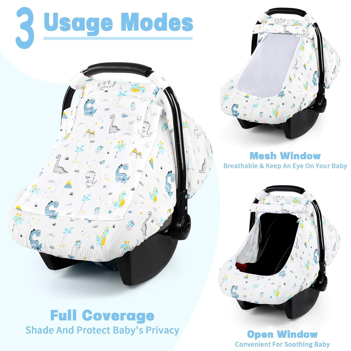Car Seat Cover Baby, HNHUAMING Muslin Cotton Carseat Covers for Babies Girls Boys Summer Infant Car Seat Covers Canopy, Cozy Newborn Carseat Covers Stroller Cover with Breathable Mesh Window, Dinosaur