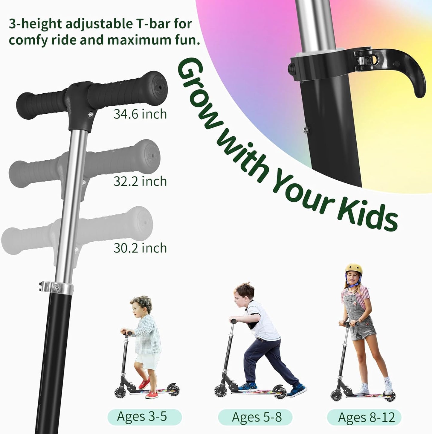 BELEEV V2 Scooters for Kids with Light-Up Wheels & Stem & Deck, 2 Wheel Folding Scooter for Girls Boys, 3 Adjustable Height, Non-Slip Pattern Deck, Lightweight Kick Scooter for Children Ages 3-12