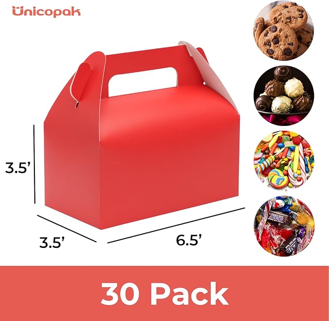 UnicoPak 30 Pack Red Gable Treat Boxes Party Favor Goodie Bag Boxes for Candy Treats Snacks Cookie Toys for Birthday Party Halloween Christmas, 6.5x3.5x4 Inches