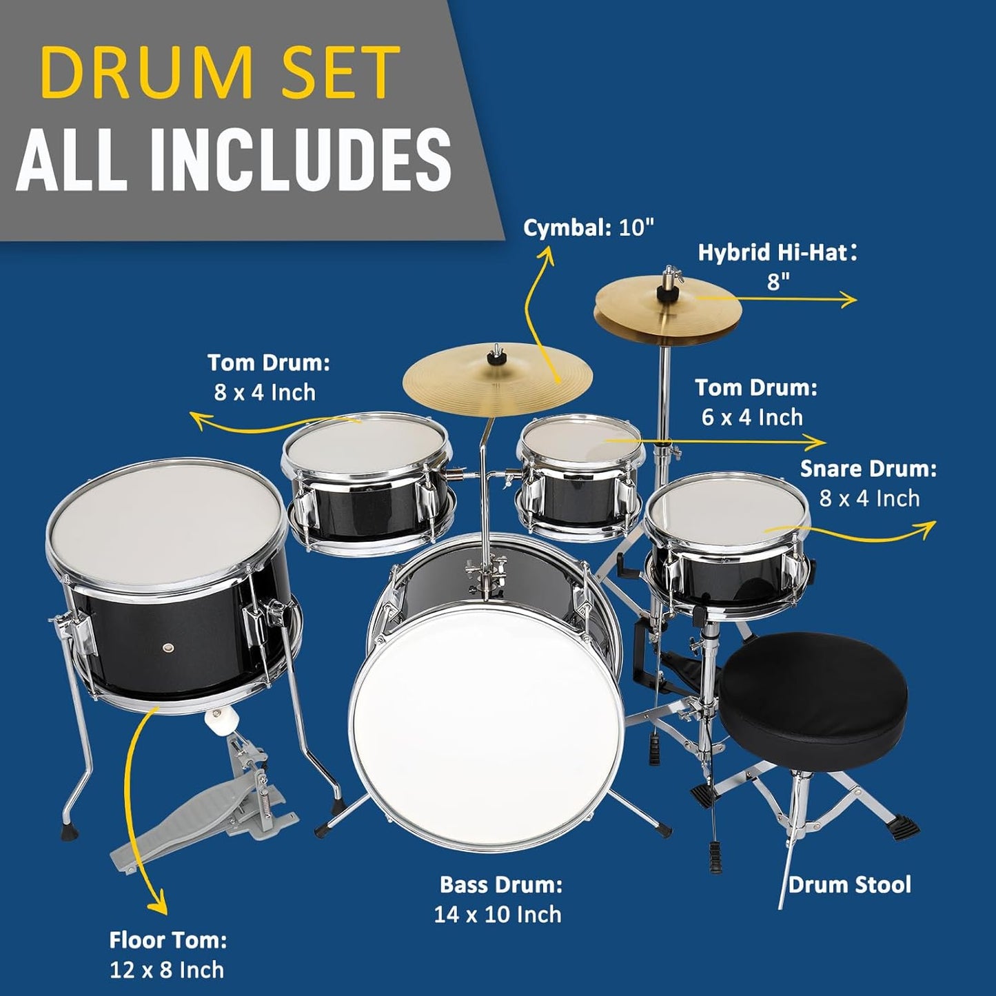 Ktaxon 5-Piece Complete Junior Drums Set, 14 Inch Beginners Drum Kit with Throne Stool, Pedal & Drumsticks, Kids Drums Musical Instruments W/Cymbal, Hi-Hat, Floor, Tom and Snare Drum (Black)