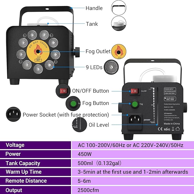 Smoke Machine, Theefun Fog Machine 450w 2500CFM with 9 LED 12 Color Lights Portable 500ml Tank No Liquid Included Stage Smoke Machine Fog Indoor with Wireless Remote Control for Wedding DJ Party