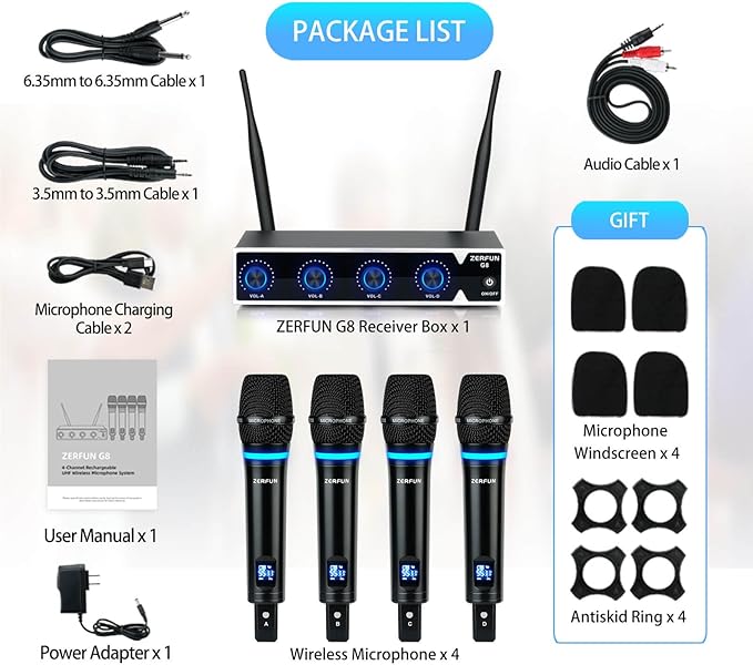 4 Channel Rechargeable Wireless Microphone System, Pro UHF Metal Handheld Wireless Microphones Cordless Mics for Karaoke Singing Church with VOL Control, 4x50 Adjustable Frequency(G8)