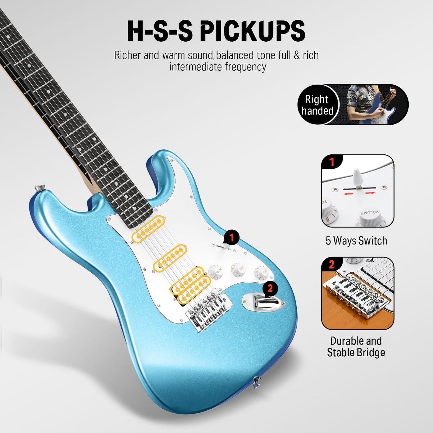 Donner DST-100T 39 Inch Electric Guitar Beginner Kit Solid Body Full Size Lake Blue HSS Pick Up for Starter, with Amplifier, Bag, Digital Tuner, Capo, Strap, String,Cable, Picks