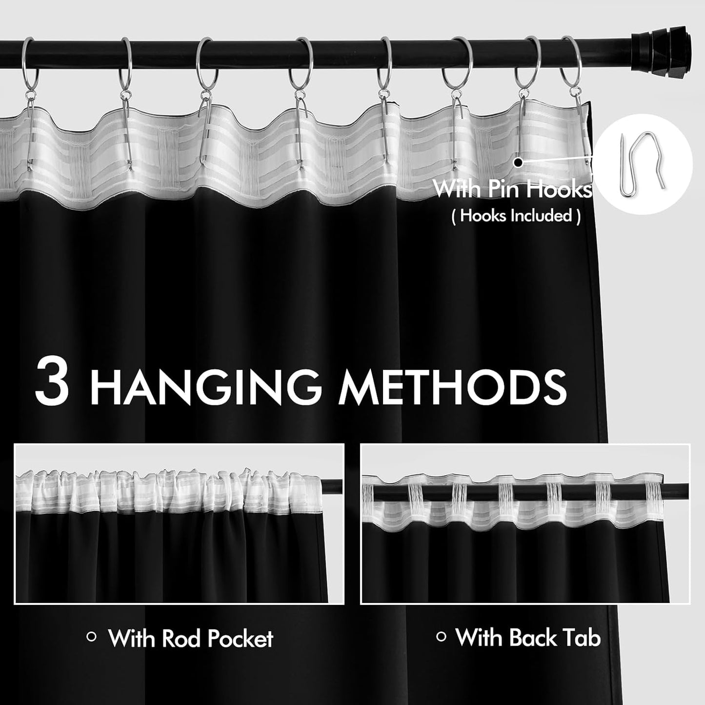 MIULEE Back Tab Blackout Curtains 120 Inch Long 2 Panels Set for Living Room Bedroom Privacy, Halloween Black Rod Pocket/Pinch Pleated Extra Long Thermal Insulated Room Darkening Light Blocking Drapes