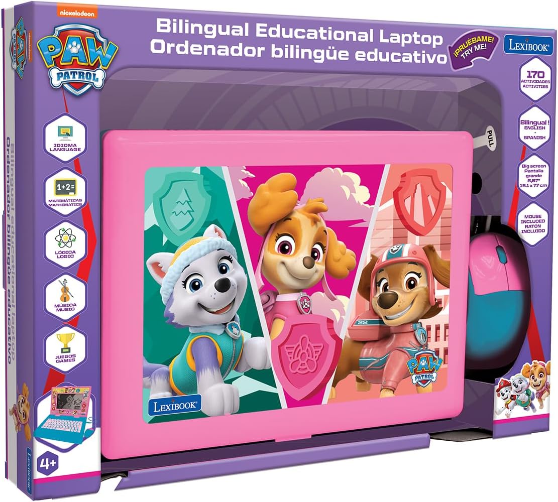 Lexibook, Paw Patrol, Bilingual and Educational Laptop Spanish/English, Toy for Children, 170 Activities to Learn, Play Games and Music, Large Screen, Pink/Blue, JC599PAGi2