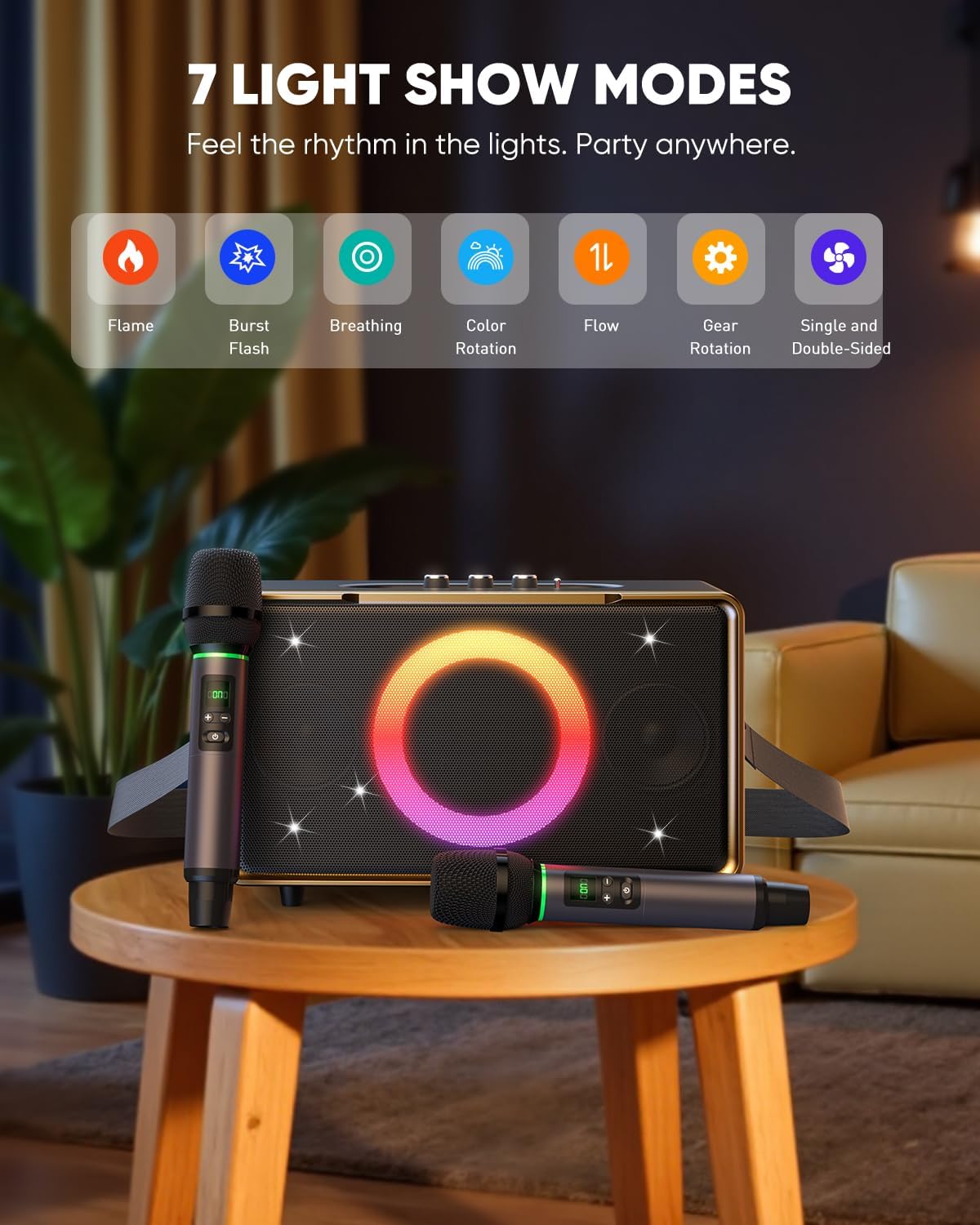 GFEEN Portable Bluetooth Speaker: 200W Peak, 15H Playtime, Wireless Speakers with Microphone, 5″ Subwoofer, Loud Sound, Light Show, Fast Charging for Outdoor, Party, Backyard(Gold with 2Mic)