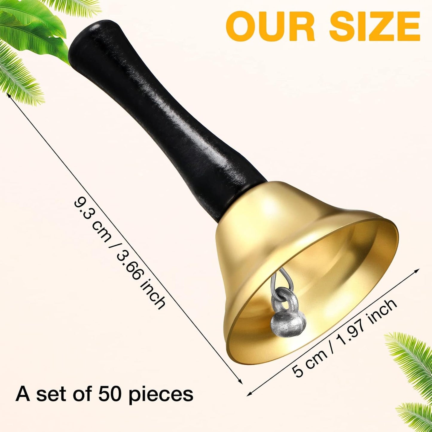 Yeshone 50 Pcs Hand Steel Call Bells Bulk Wedding Dinner Service Bells with Wood Handles for the Sick Elderly Alert Classroom Alarm, 1.97 x 3.66 Inches(Gold)