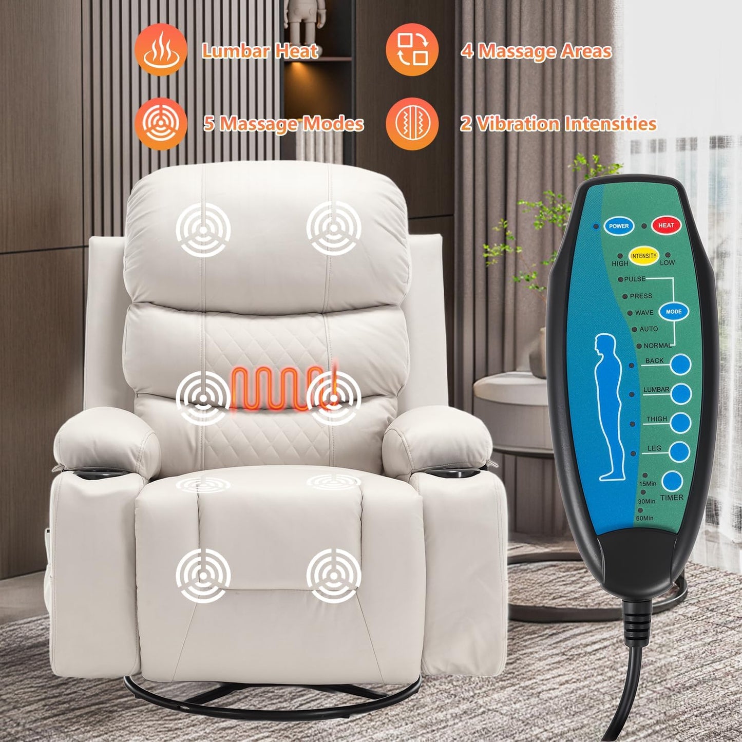 KCQ Massage Swivel Rocker Recliner Chairs with Heat Cup Holders Faux Leather Overstuffed Manual Reclining Chair Rocking Glider Chair for Adults, Beige