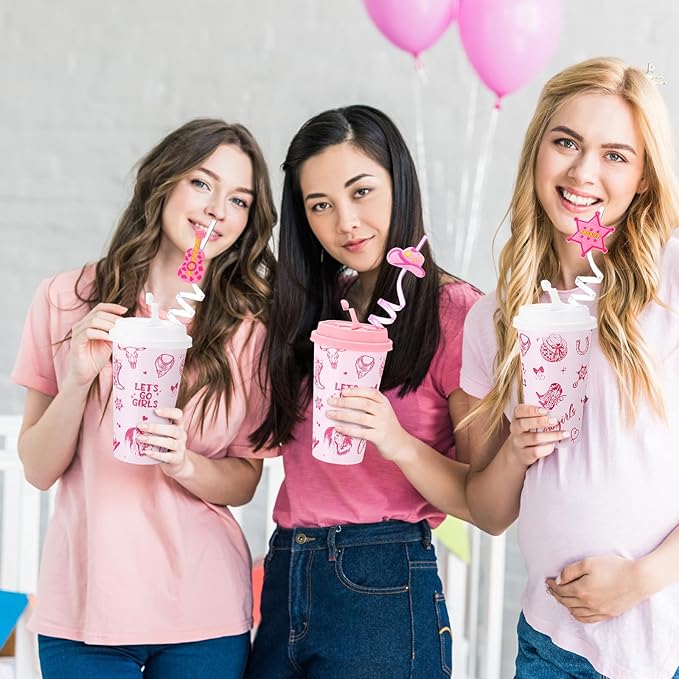 Yungyan 24 Sets Pink Cowgirl Party Favors Goodie Cups with Lids and Straws for Halloween Party Decorations Reusable 16oz Plastic Candy Cups Plastic Straws for Birthday Gift(Pink Cowgirl)