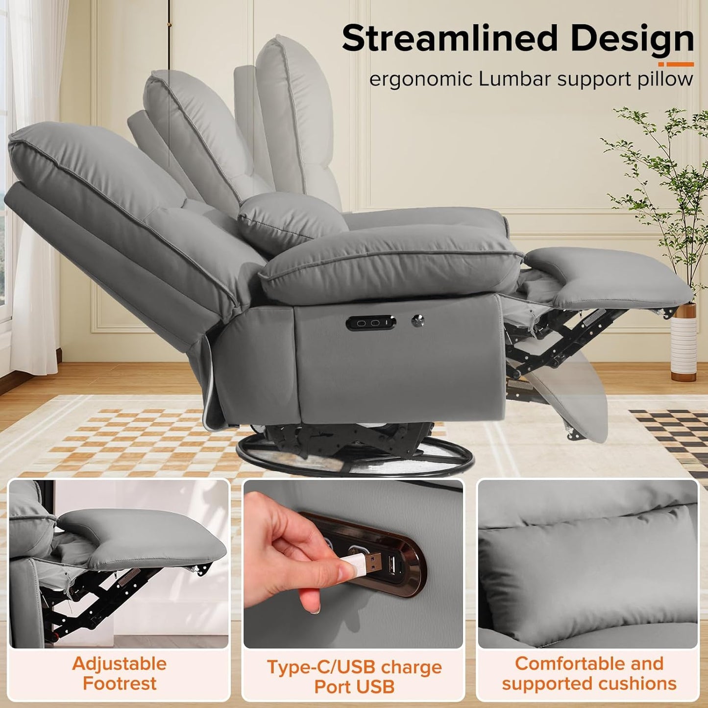 Rocking Chair Nursery with Power Adjustable, Electric Glider Recliner Nursing Chair for Breastfeeding with USB Port and Storage (Grey)