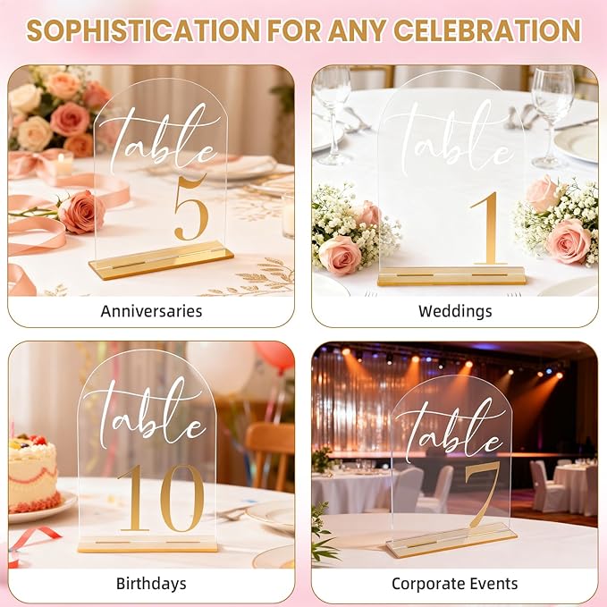 Wedding Table Numbers 1-20 with Stands, 5” x 7” Elegant Acrylic Display Signs with Golden Text, Great Table Numbers for Wedding Reception, Decoration, Centerpiece, Party, Anniversary and Event