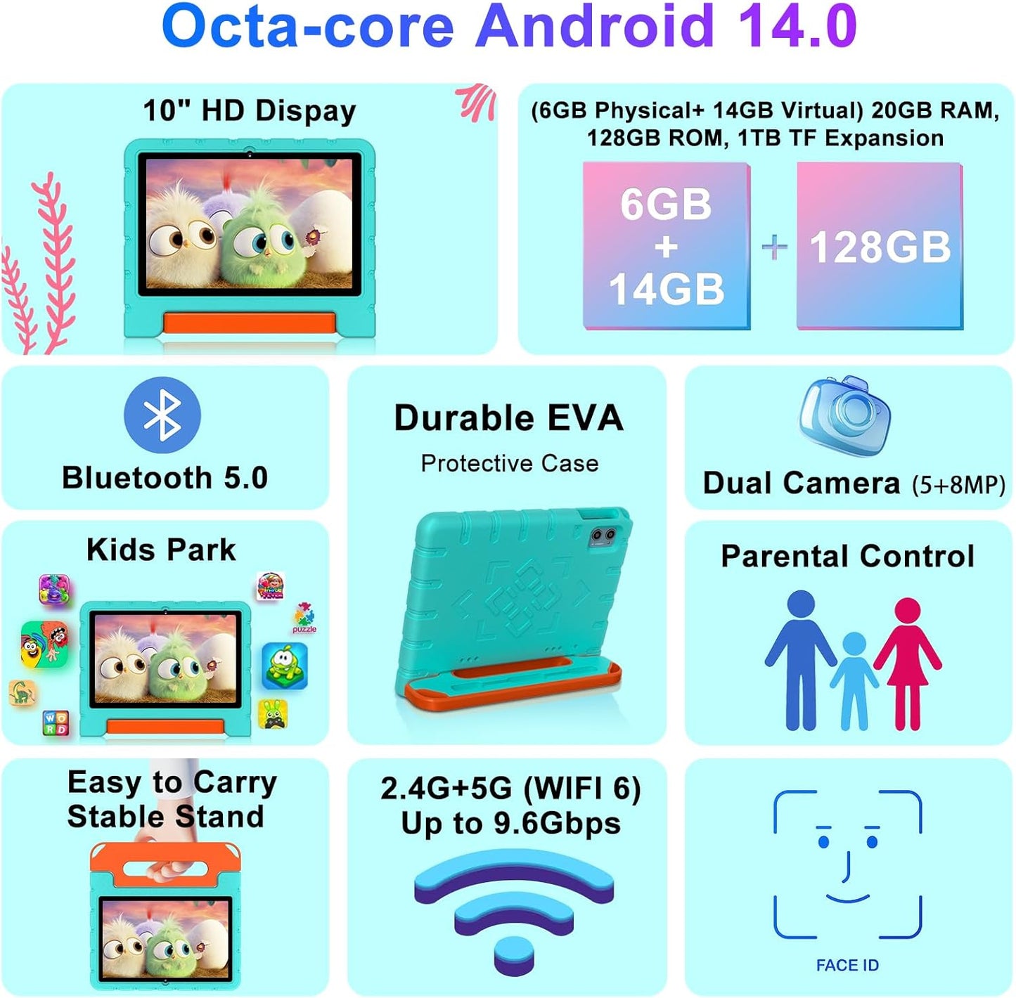 2025 Kids Tablet 10 inch Android 14 Tablets for Kid Octa-Core, 20GB+128GB (TF 1TB), Toddler Tablet with Shockproof Case, 2.4G+5G WiFi 6, Parental Control, Face Unlocked, Split Screen, BT5.0 (Green)