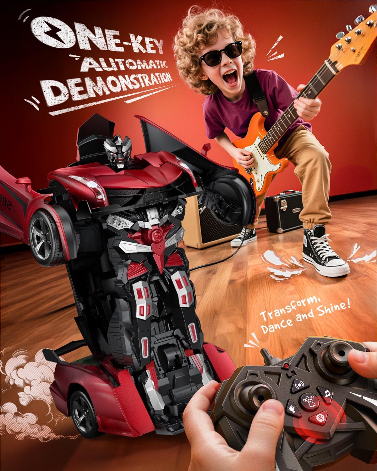 V992 Transform Remote Control Car,Transform Robot RC Cars,1:14 Scale,2-in-1 Robot Toy Car with Sound & Light,Gesture Sensing,Automatic Deformation,Great Gifts Toys for Boys and Girls 4-6 (Red)