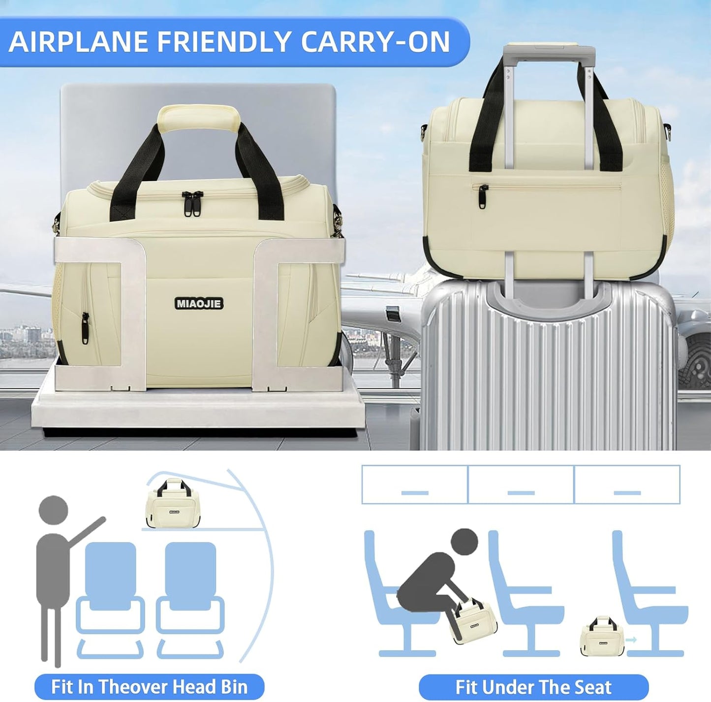 Underseat Carry On Luggage Lightweight Travel Tote Weekender Bag Overnight Duffle Bag for Travel, Travel Essentials Personal Item Travel Bag for Women and Men, Beige-16Inch