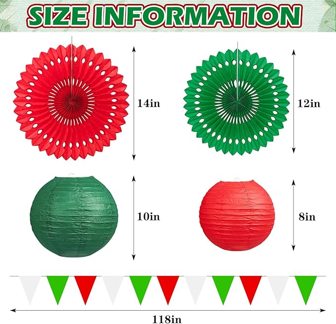 13Pcs Italian Party Decorations, Hanging Red White and Green Paper Lanterns Paper Fans for Birthday Wedding Baby Shower Christmas Mexican Independence Day Italian Themed Party Decorations