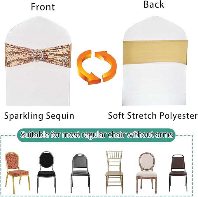 25 Pcs Chair Sashes Sequin Stretch Chair Bands Spandex Polyester Bows for Party Hotel Wedding Banquets Decoration - Rose Gold