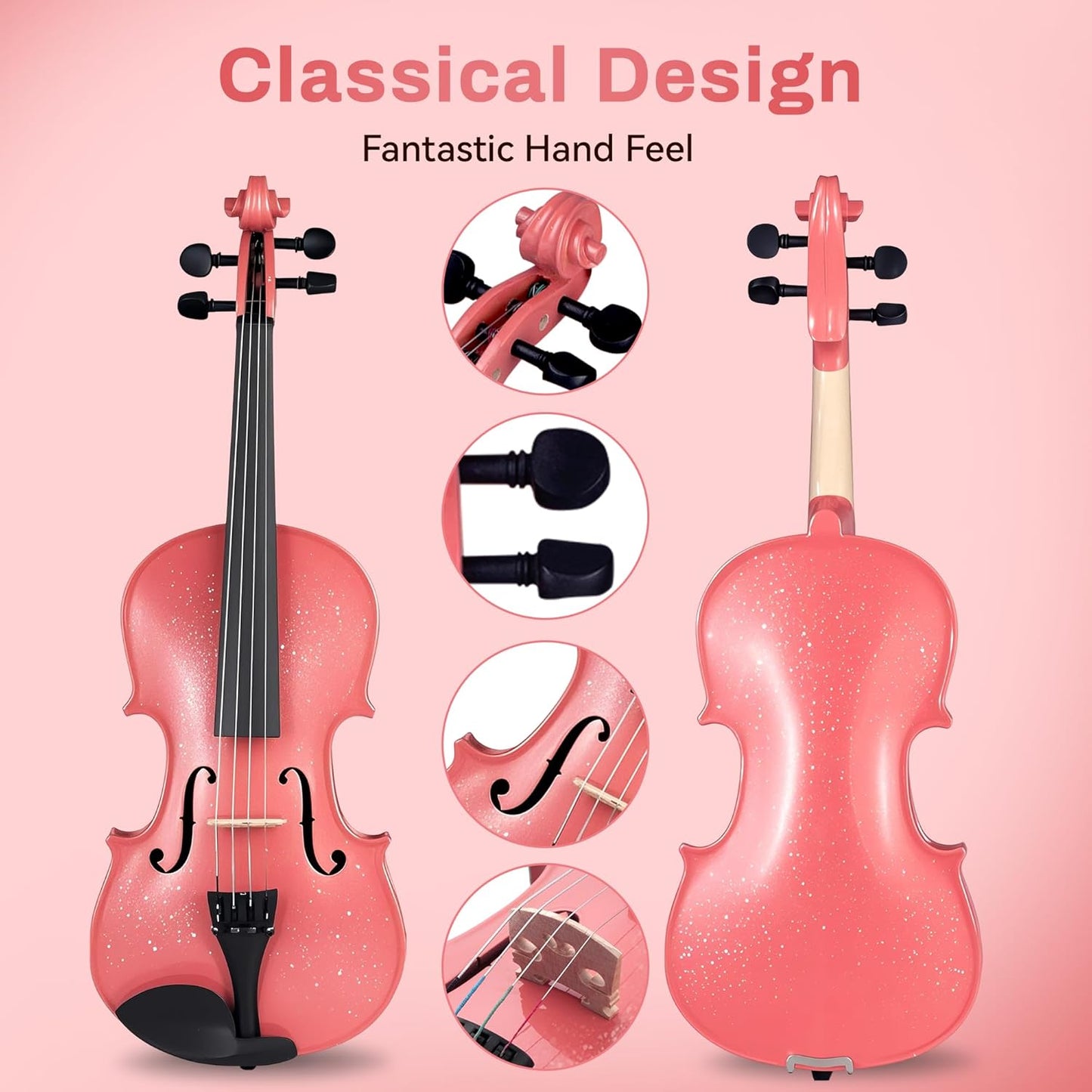 Poseidon Violin for Beginner, Pink Violin Set with Acoustic Violin Fiddle for Students Violin Starter Kit/Hard Case, Bow, Rosin, Horse Bridge, Extra Strings, Shoulder Rest, Tuner, Instruction Manual