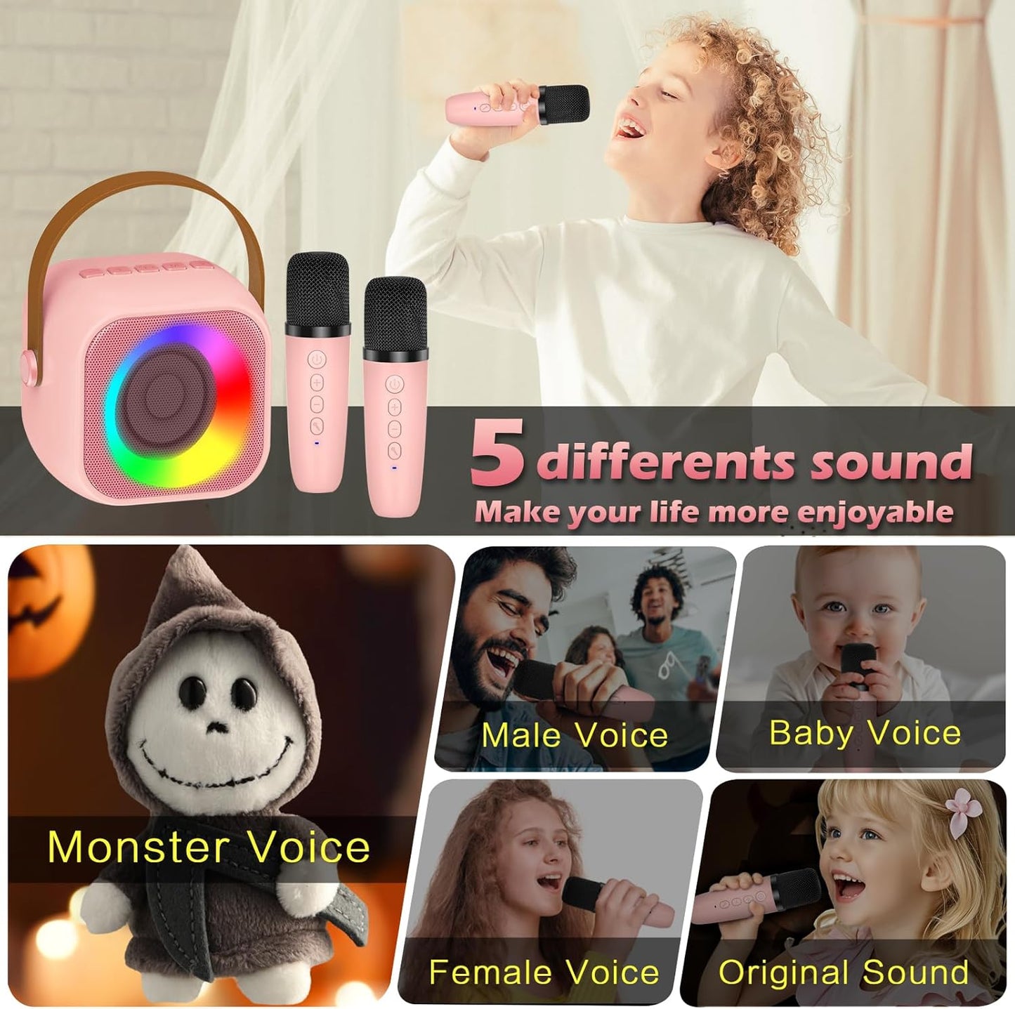 Mini Karaoke Machine for Kids Girls, Kids Karaoke Machine with 2 Wireless Microphones and LED Lights Toys for Christmas Birthday Party, Gifts for 4 5 6 7 8 9 10 11 12 Years